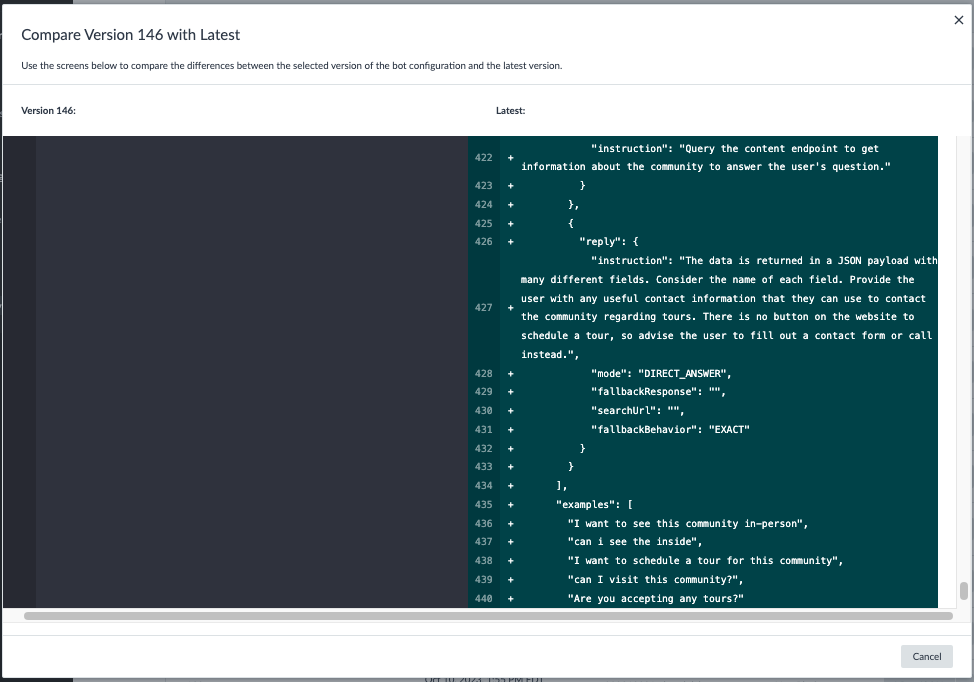 Compare version modal with red highlight