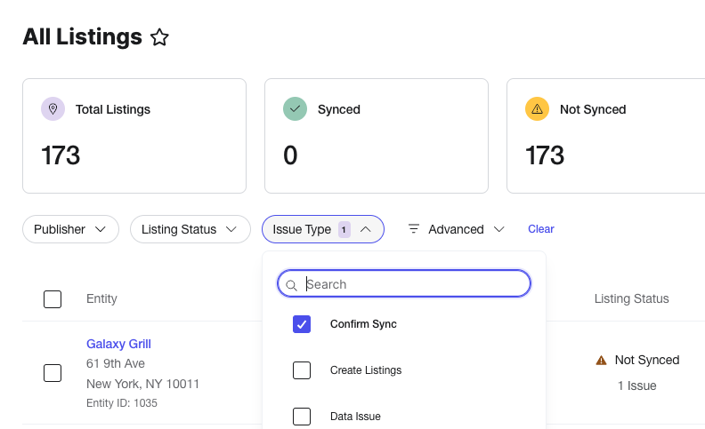 Issue dropdown and Confirm Sync option