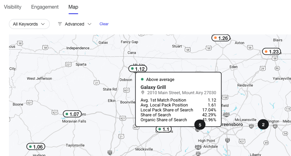 Hover over a location on Listings insights map