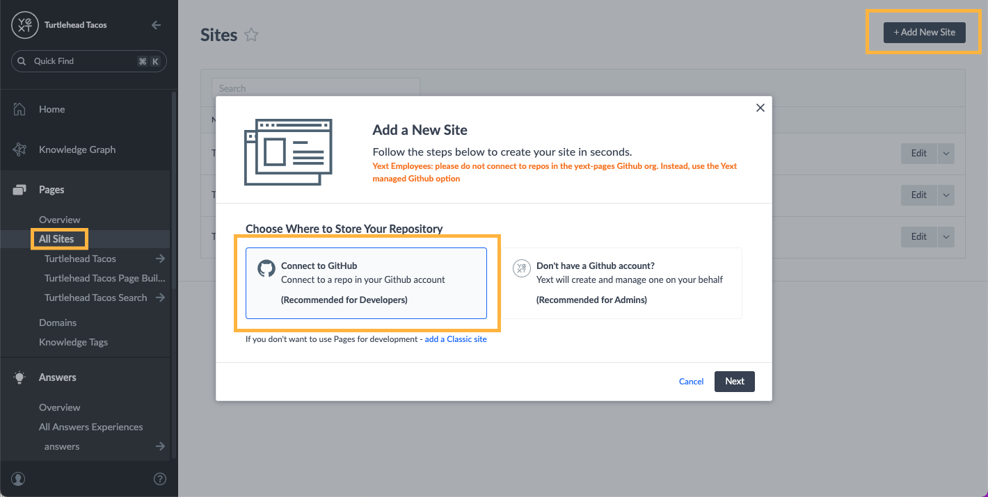 add new site modal with Connect to GitHub highlighted