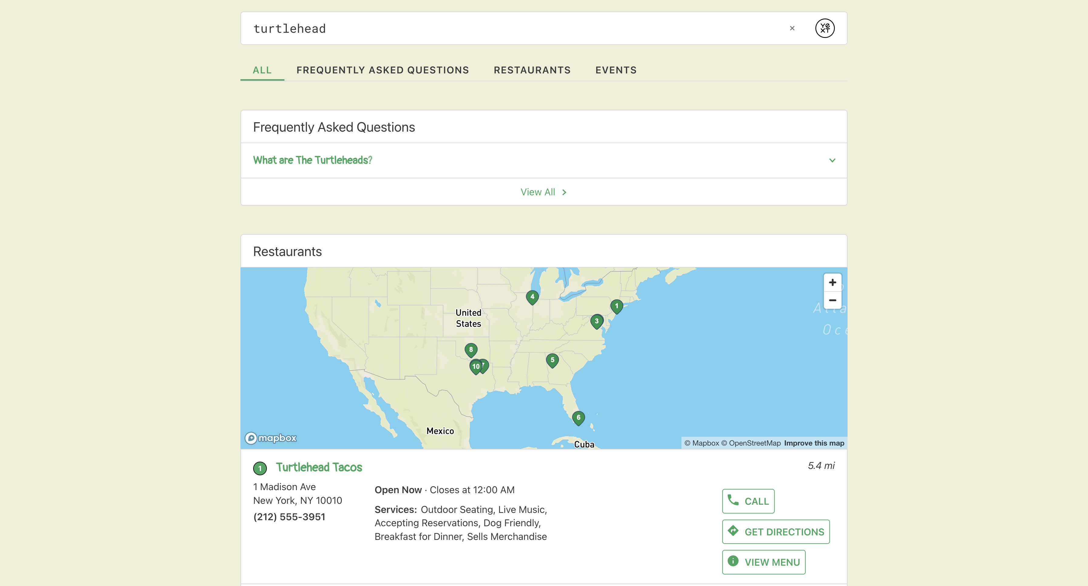 Search branding example for restaurants and faqs vertical